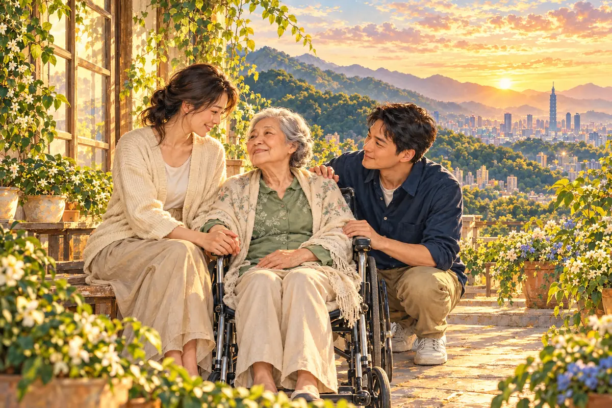夕陽窗景前，女兒與兒子溫柔陪伴坐在輪椅上的母親